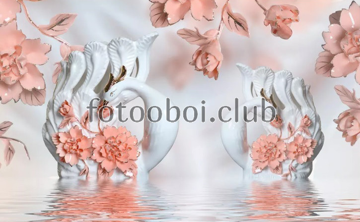 фарфоровые лебеди, цветы, вода, 3д, 3d