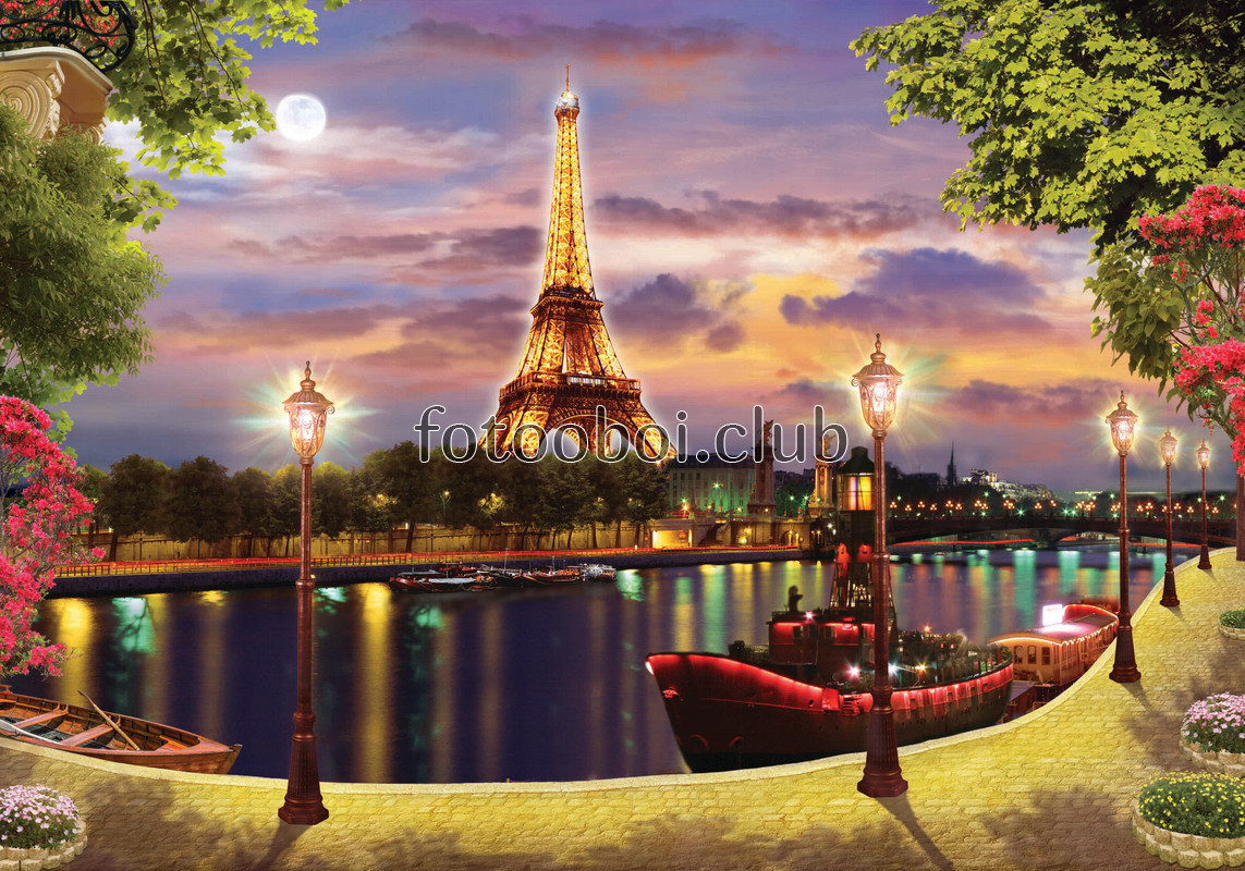 Париж, лодка, природа, фонари, набережная, речка, вода, мост