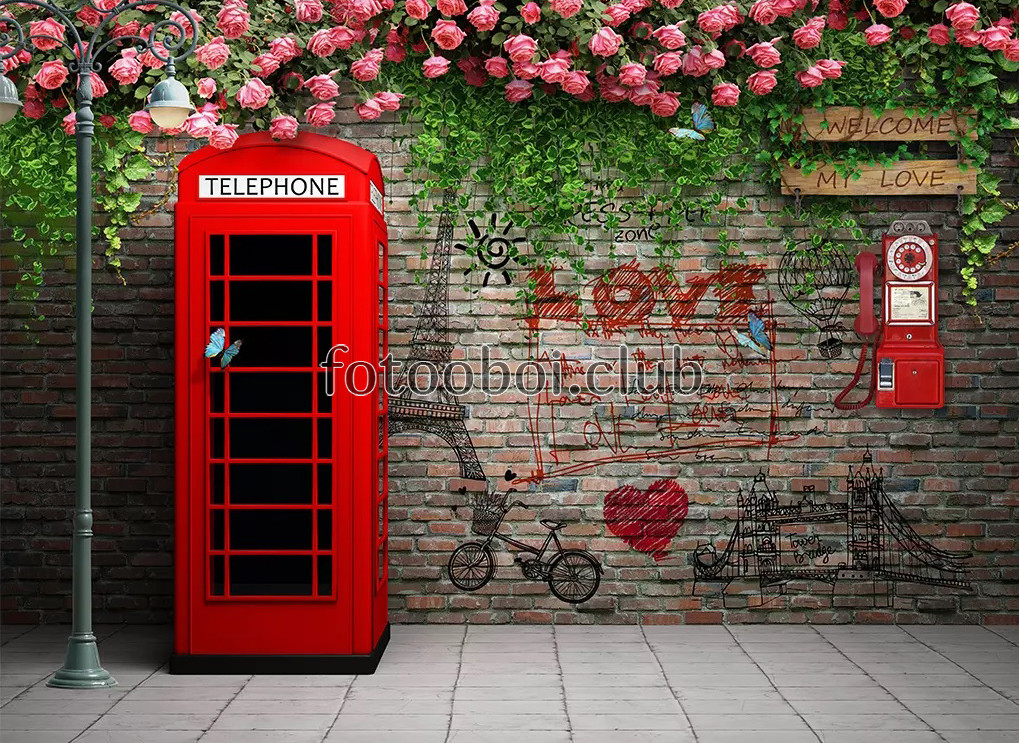 Лондон, Париж, телефонная будка, телефон, таксофон, кирпичная стена, лоза, цветы, розы