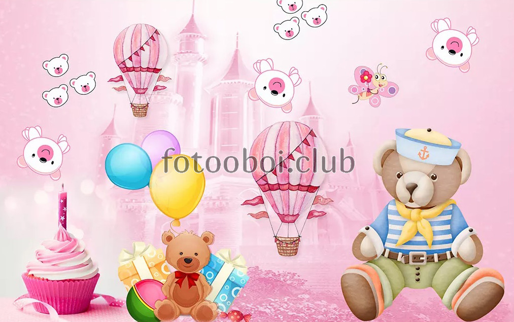 детские, для девочки, медведь, пирог, свечки, воздушные шары
