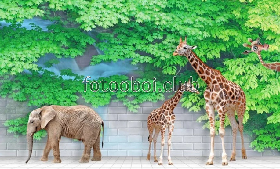 кирпичная стена, жираф, слон, деревья, листья, 3д, 3d