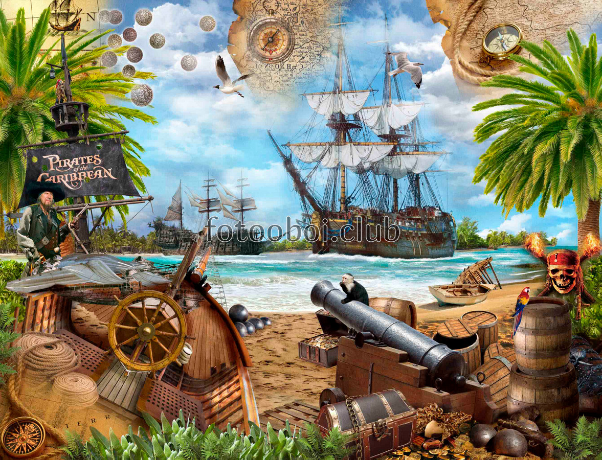 пираты, пираты карибского моря, море, палуба, сундук, пляж, пират, попугай, лодка, детские, водопад, обезьяна, череп, пальмы, бочки, пальма, корабль 