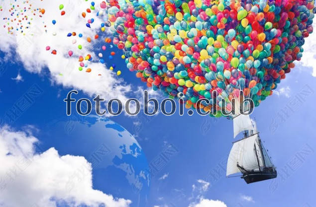 небо, облака, воздушные шары, корабль, детские, для мальчика, для подростка