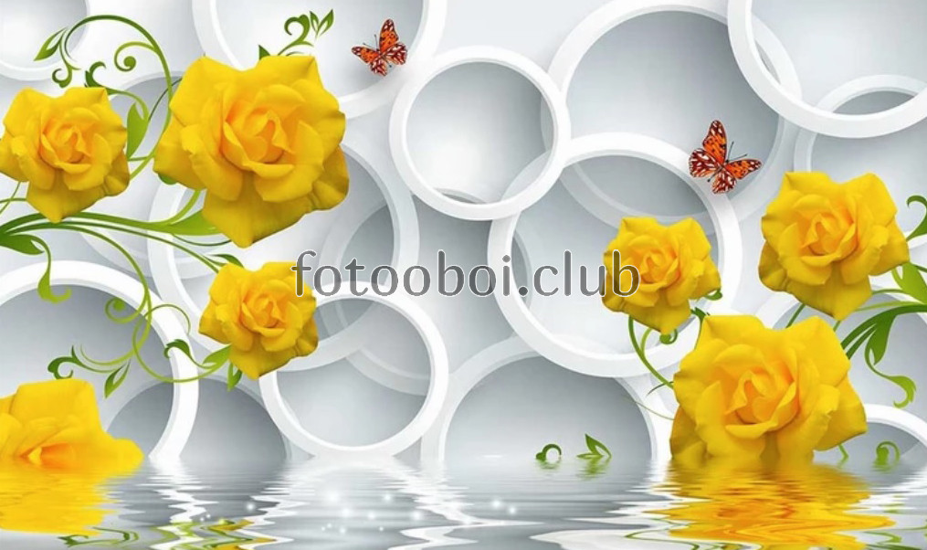желтые розы, круги, над водой, бабочки, дизайнерские, 3д