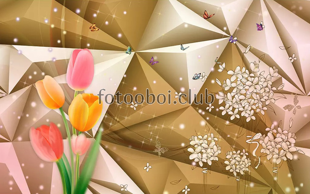 абстракция, геометрические, тюльпаны, белые цветочки, дизайнерские, 3д, 3d