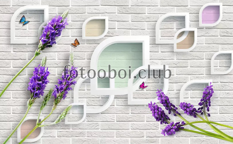 лаванда, цветы, 3д, 3d, абстракция, кирпичная стена