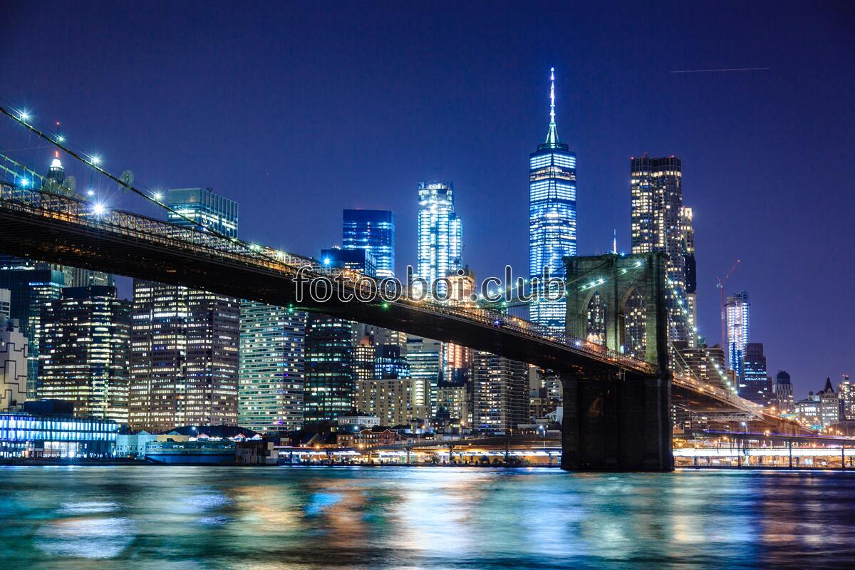 бруклинский мост, ночной нью-йорк, виды нью-йорка, нью-йорк, город, небоскребы нью-йорка, Америка, США