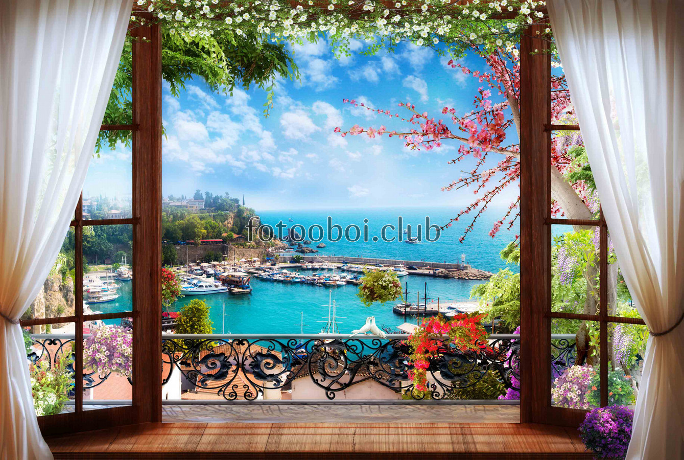 окно, вид из окна, яхты, лодки, море, балкон, фреска, на стену 