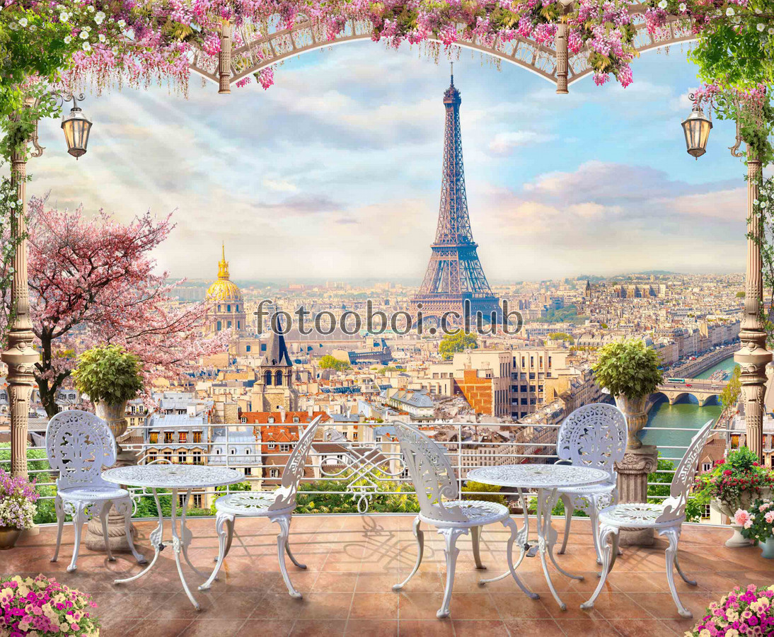 Париж, Эйфелева башня, Франция, город, цветы, сад, дерево, кафе, вид с балкона, вид, храм, лучи солнца, лучи, река, терраса