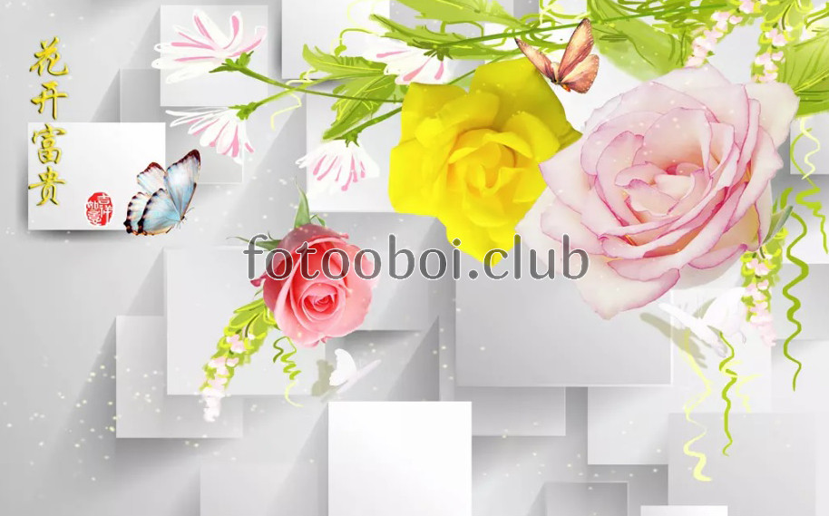 квадраты, кубы, бутоны, цветы, розы, 3д, 3d, дизайнерские, бабочки