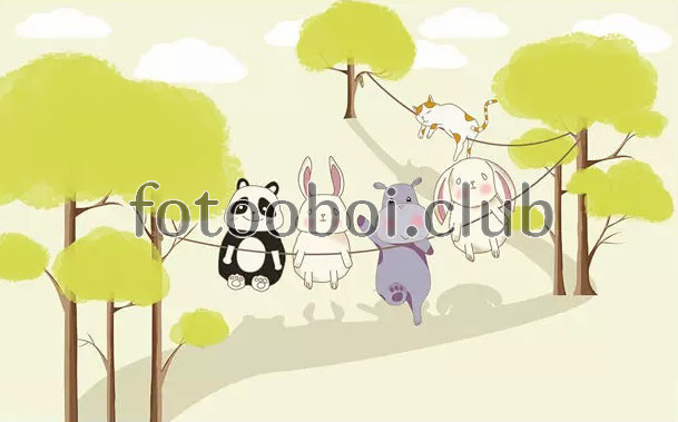 деревья, провода, веревка, животные, панда, кролик, зайчики, кот, детские, для девочки, для мальчика
