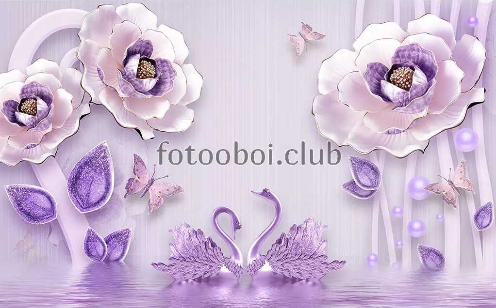 фиолетовые цветы, лебеди, дизайнерские, 3д