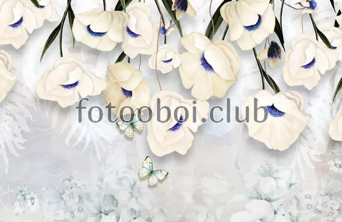 бабочки, белые цветы, 3д, 3d, дизайнерские
