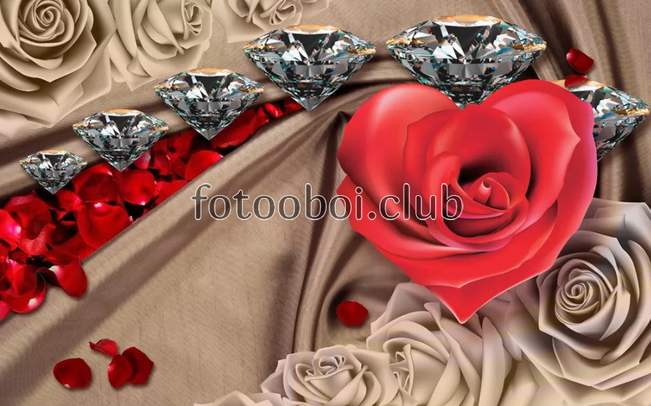 цветы, розы, бриллианты, сердечки, сердце, 3д, 3d