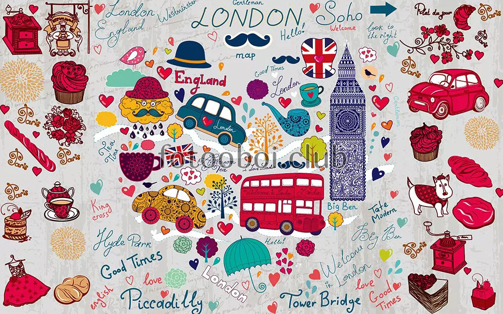 Лондон, башня, автомобиль, автобус, собачка, пирожное, усы, детские, дизайнерские