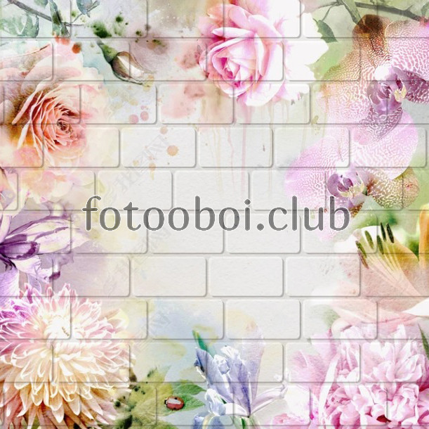 розы, орхидеи, астры, сирень, цветы, букет, кирпичная стена, абстракция