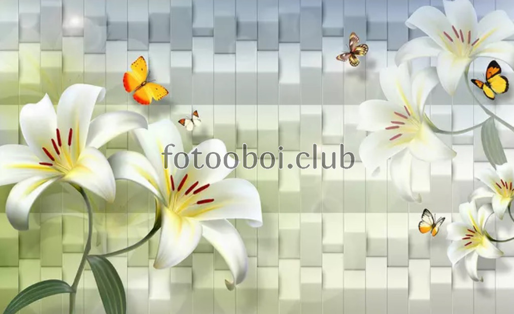 лилии, цветы, бабочки, 3д, дизайнерские