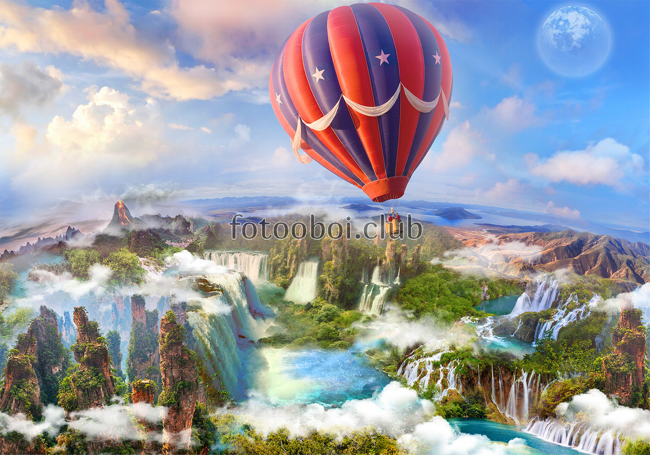 воздушный шар, водопады, вид, небо, облака, 3д, 3d, дизайнерские