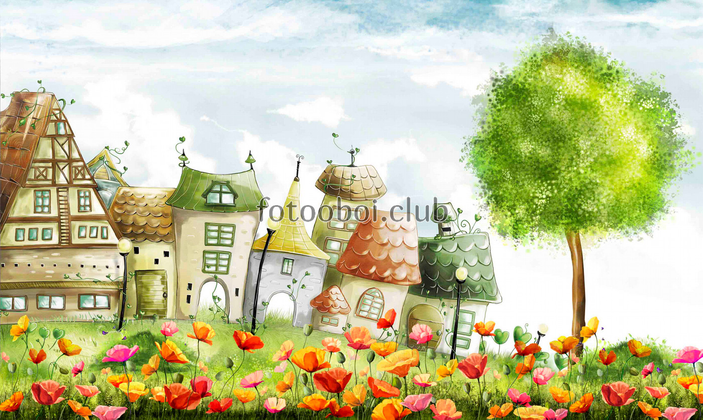 маки, цветы, домик, дерево, трава, дом, детские, для девочек, для мальчиков, небо, облака 