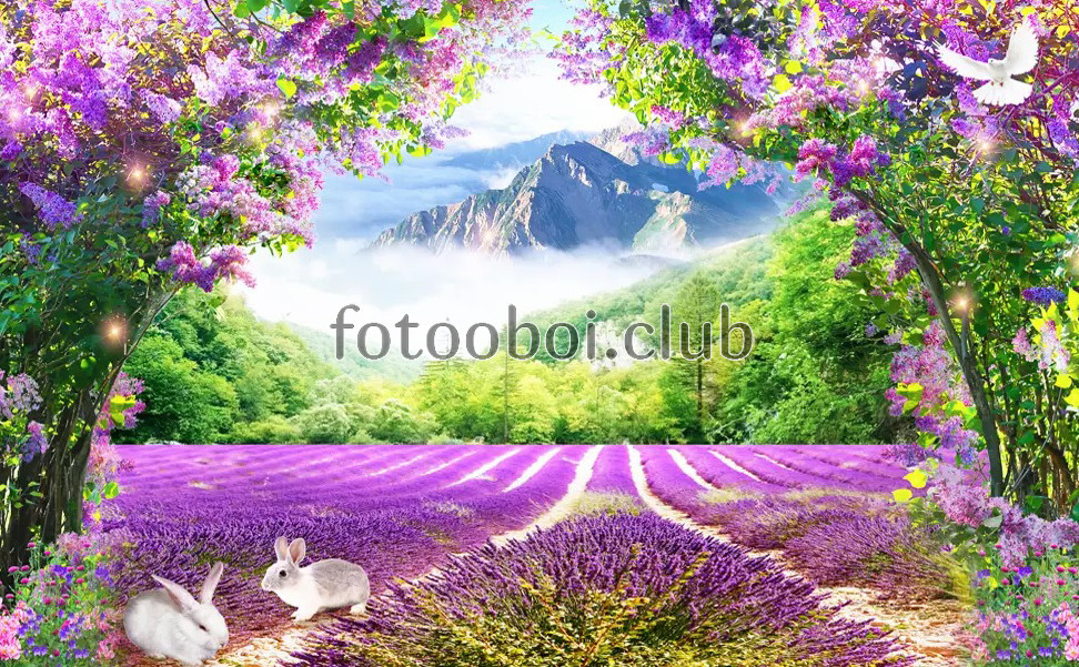 кролики, сирень, цветы, поле лаванды, вид на горы, холмы, стереоскопические