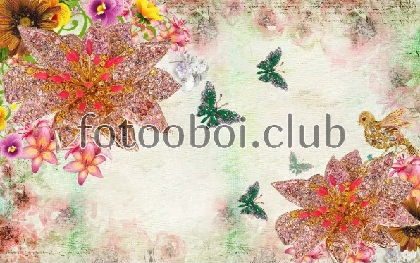 яркие, цветы, бабочки, птички, птицы, стразы, на стену, стена, 3д, 3d, дизайнерские