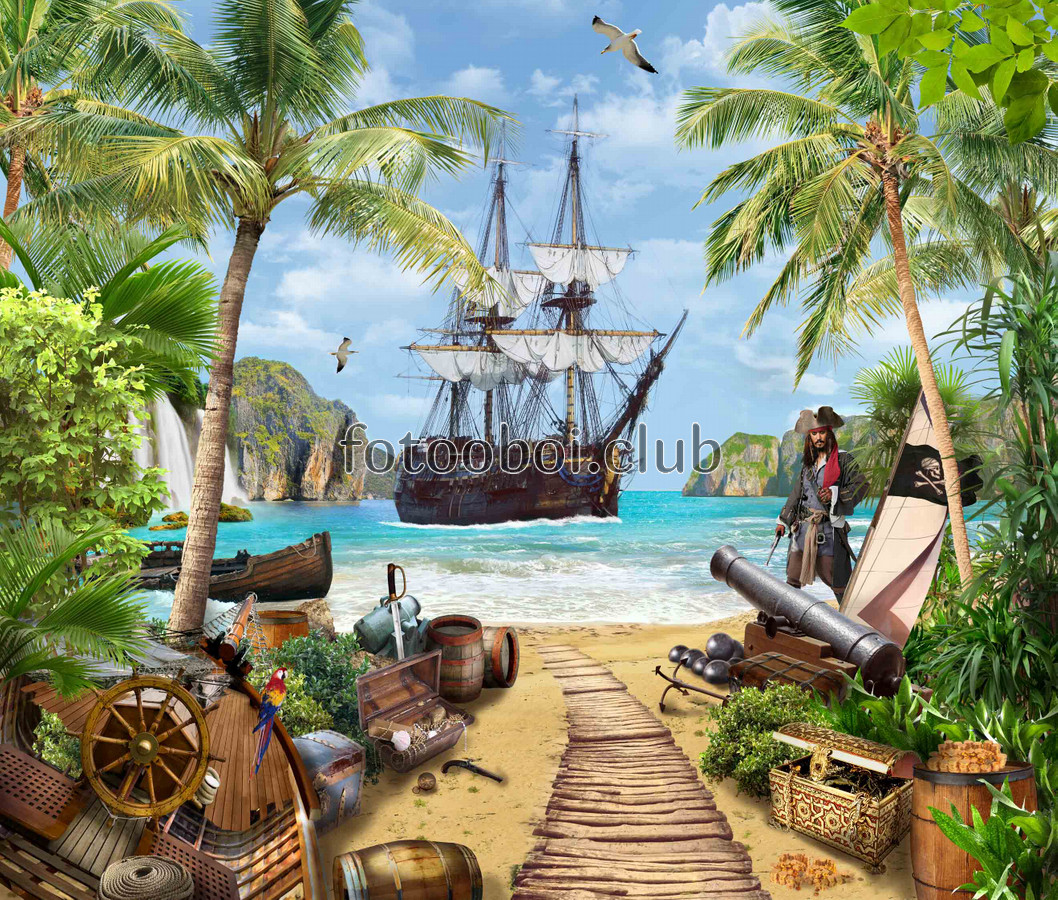 Остров пиратов. Пиратский остров. Пиратский корабль. Пиратский корабль и остров. Пальмы и парусник.