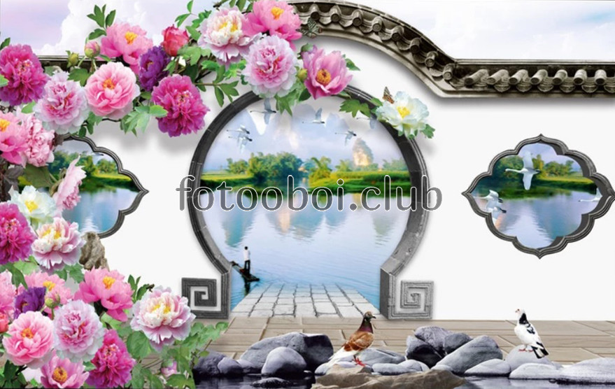 пионы, цветы, птицы, голуби, арка, вид, река, озеро, 3д, 3d