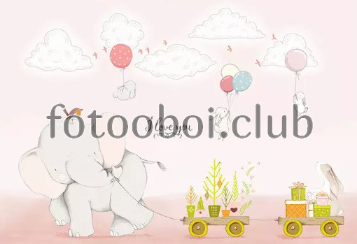 слоник, игрушки, облака, зайчики, розовые, детские, для девочки