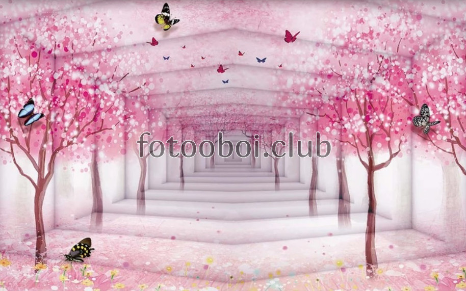 коридор, сакура, деревья, стереоскопические, бабочки