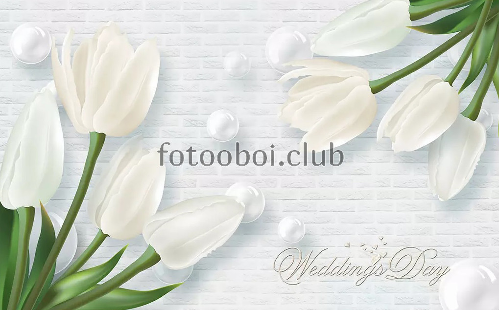 белая кирпичная стена, белые тюльпаны, жемчуг, дизайнерские, 3д, 3d