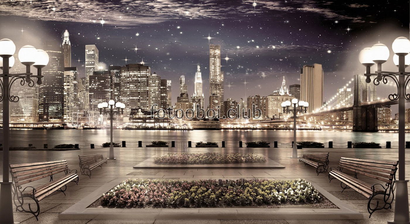 набережная, город на воде, ночной город, звезды, мост, цветы, небоскребы, фонари, 3д, 3d, стереоскопические
