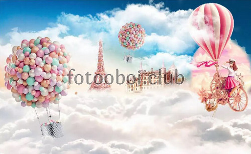 замок, эйфелева башня, девушка, велосипед, воздушные шары, шарики, облака, путешествие