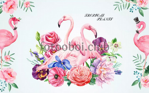 цветы, пионы, листья, розовые фламинго, 3д, 3d
