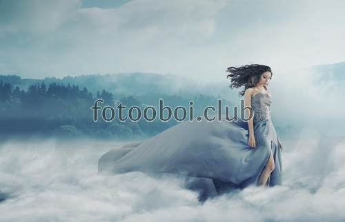 девушка, туман, горы, холмы, на стену, стена