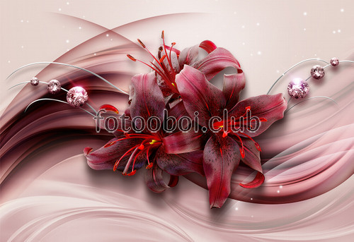 бордовые лилии, цветы, 3д, 3d, дизайнерские, бриллианты