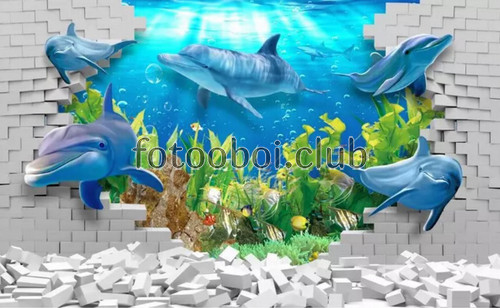 кирпичная стена, подводный мир, дельфины, 3д, 3d, детские, для мальчика, для девочки