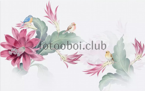хризантемы, цветы, птицы, 3д, 3d, живопись