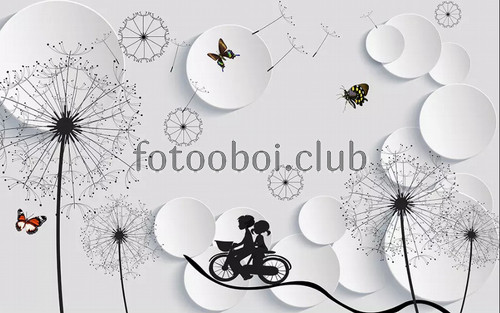 одуванчики, бабочки, круги, дети на велосипеде, абстракция