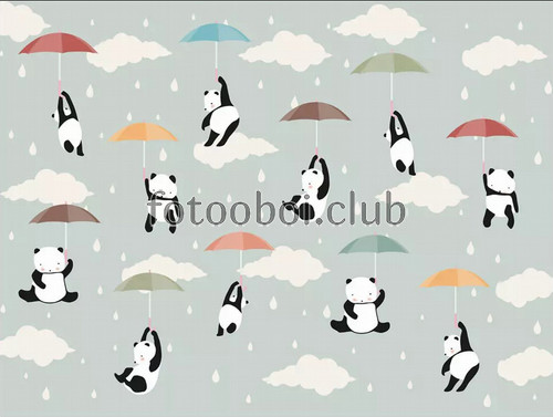 панда с зонтиком, облака, дождик, капли, детские, для мальчика, для девочки