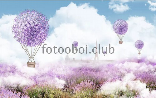 лавандовое поле, воздушные шары, цветы, дизайнерские