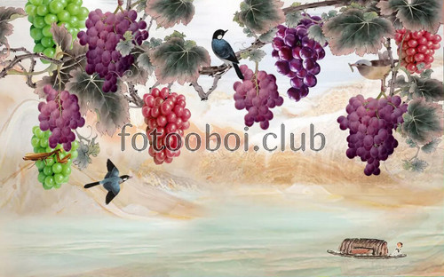 лоза, виноград, птицы, река, озеро
