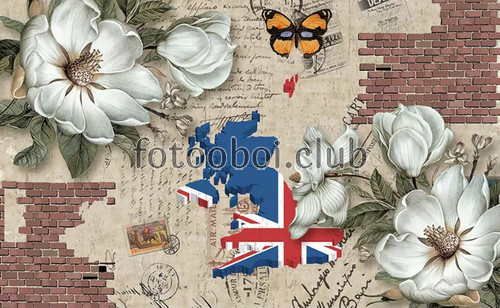 флаг, белые цветы, кирпичная стена, 3д, дизайнерские, марки, письмо, бабочки