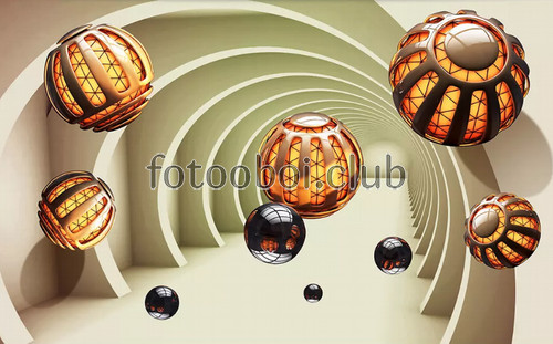 коридор, стереоскопические, шары, абстракция, 3д, 3d