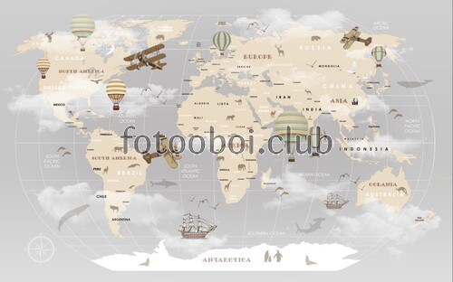 детские, карта мира, карта, для мальчиков, для девочек, воздушные шары, самолёты, корабли 