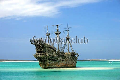 пиратский корабль, море, океан, пляж, песок