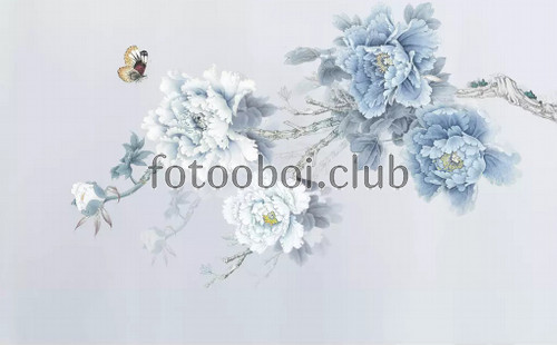 голубые пионы, цветы, веточка, дизайнерские