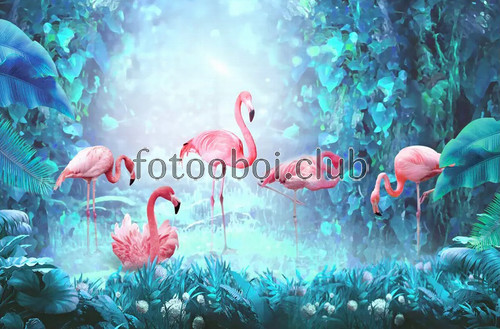 розовые фламинго, лес, джунгли, сказочные