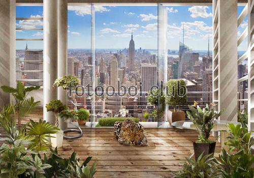 Нью йорк, леопард, киса, кошка, вид с балкона, город, Небоскребы, растения 