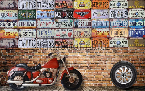 кирпичная стена, мотоцикл, номерные знаки, колеса, резина, шины, гараж, 3д, 3d