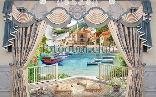 занавески, шторы, вид, Венеция, гондолы, лодки, река, дома, открытое окно